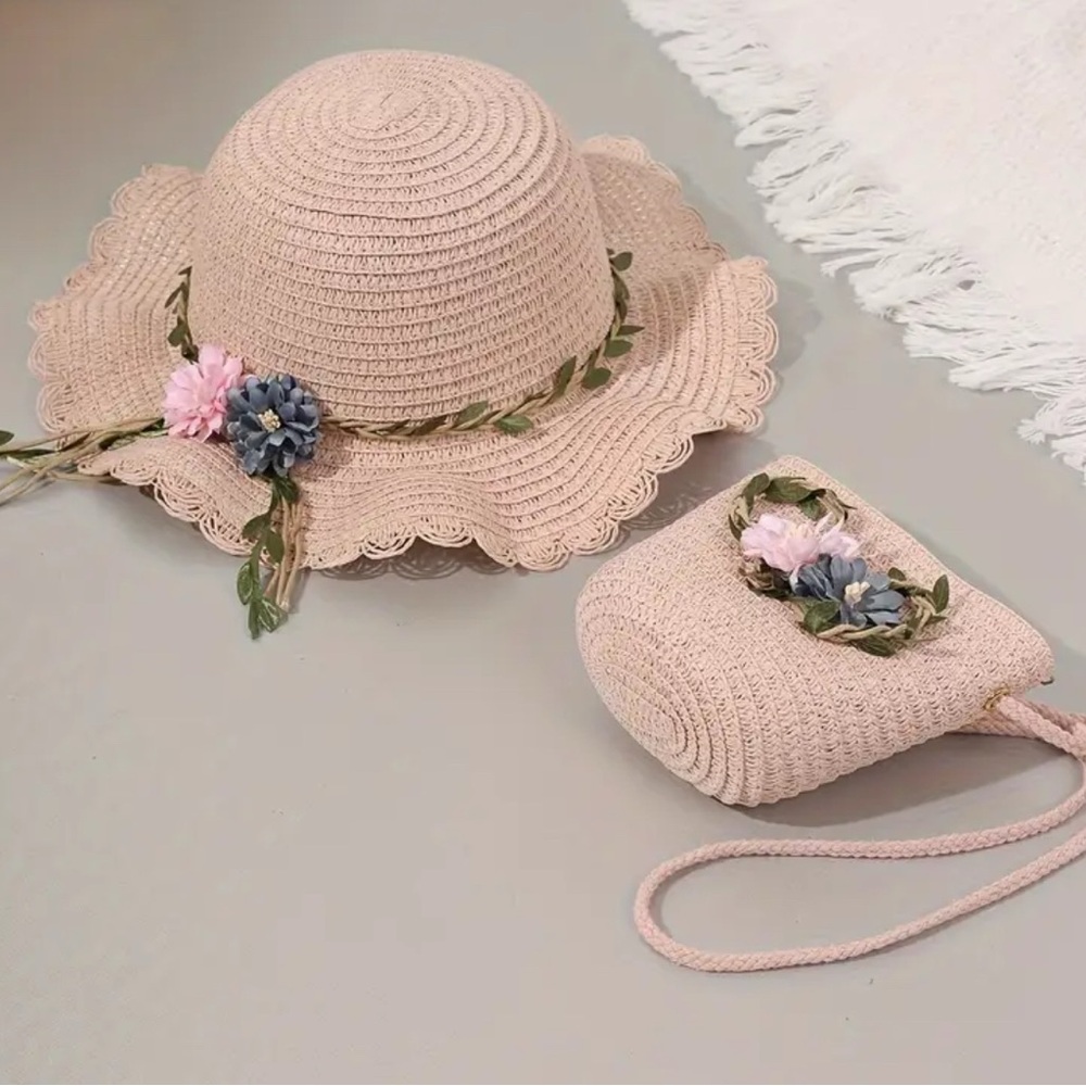 SALE **
Beige Straw Hat and Bag Set with Floral Accents